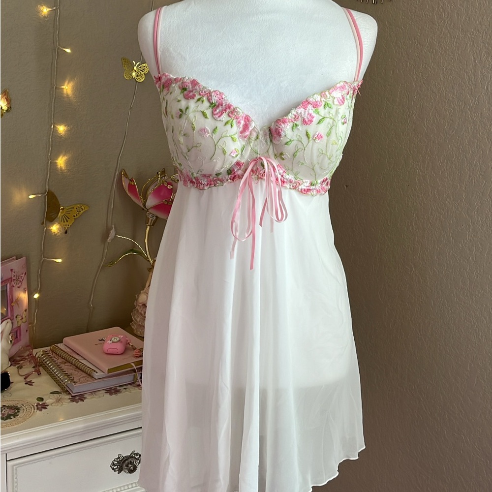 Delicates Pink and White Chemise with Lace Trim